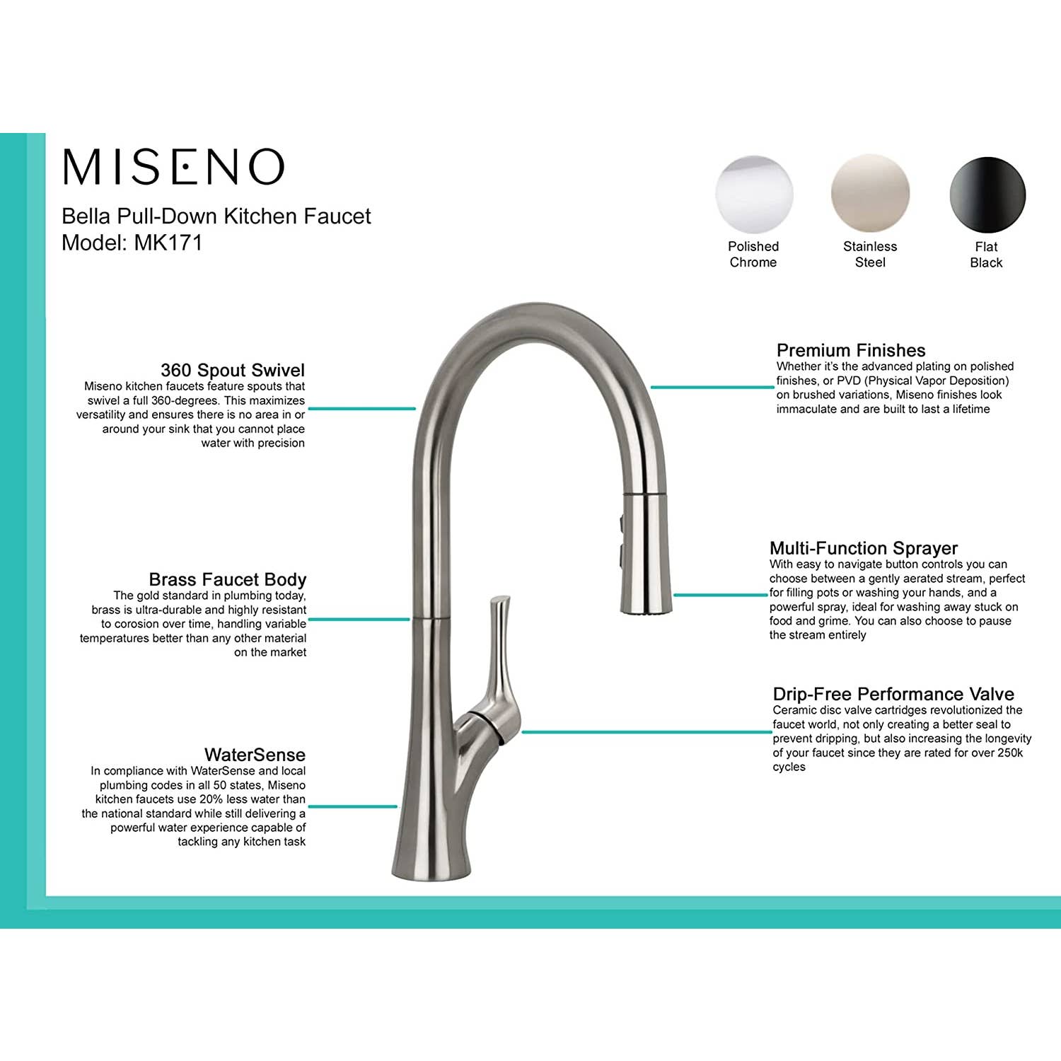 Miseno - MNO171DZSS Miseno MK171 Bella Pull-Down Kitchen Faucet with EasySeat Multi-Flow Spray Head - Includes Optional Deck Plate - Stainless Steel