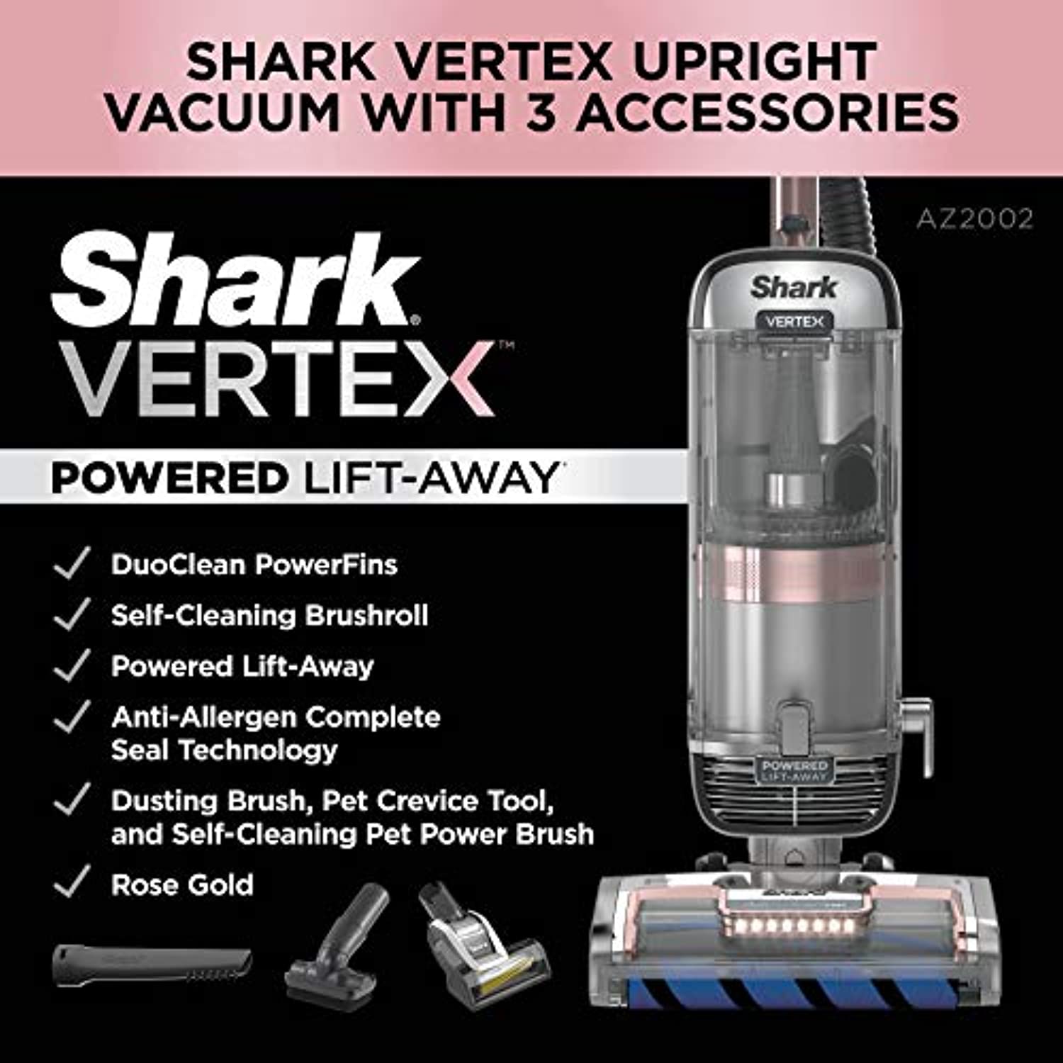 Shark - AZ2002 Vertex DuoClean PowerFin Upright Vacuum with Powered Lift-Away and Self-Cleaning Brushroll- Rose Gold