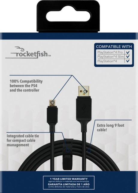 Rocketfish™ - RF-PS49PC Extra Long 9' Play + Charge Cable For Playstation 4 - Black
