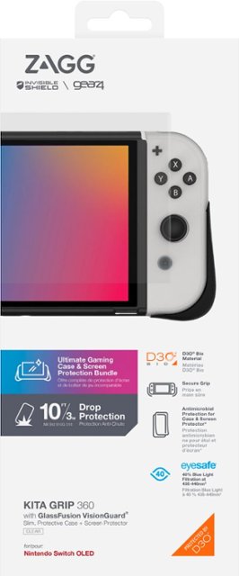 ZAGG - 700508528 Gear4 Kita Grip 360 Case with GlassFusion VisionGuard Screen Protector for Nintendo Switch OLED - Clear with Black Grips