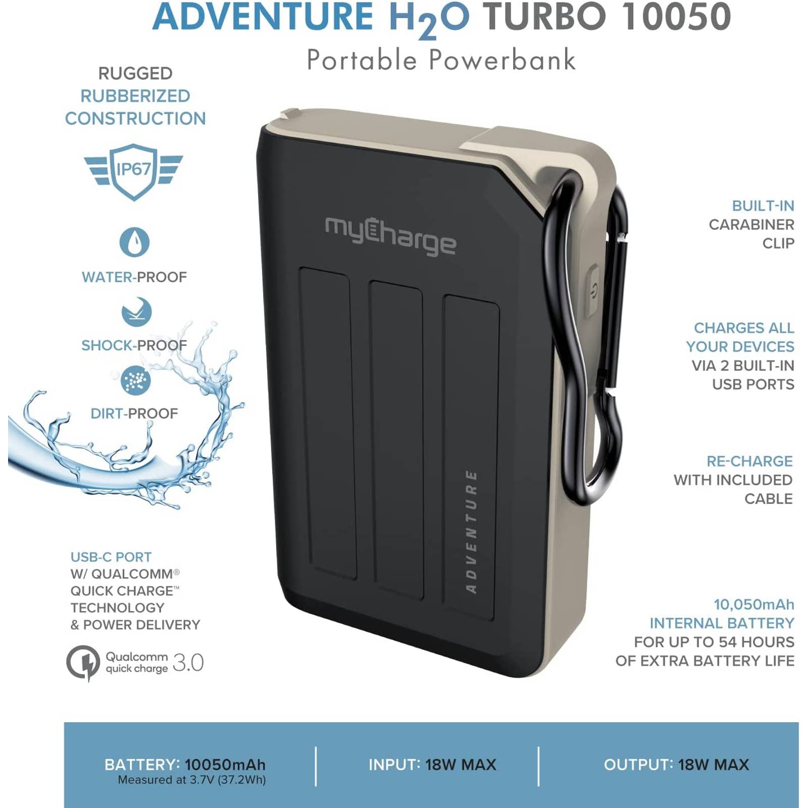 myCharge - AHCT10KG Adventure H2O Turbo 10,050 mAh Portable Charger for Most USB Enabled Devices - Gray