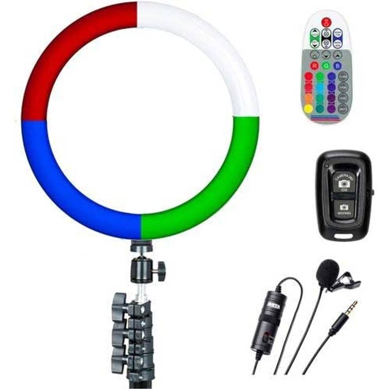 Sunpak - LED144-12RGB-LM 12" Rainbow Ring Light Vlogging Kit w/BOYA Lavalier Microphone and Bluetooth Remote for Smartphones and Cameras